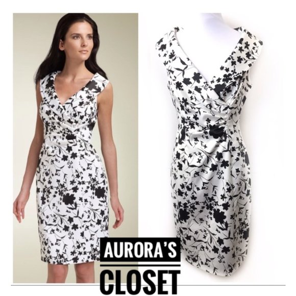 Kay Unger 6 White Floral Sheath Dress Portrait Collar Satin Black - Picture 1 of 5